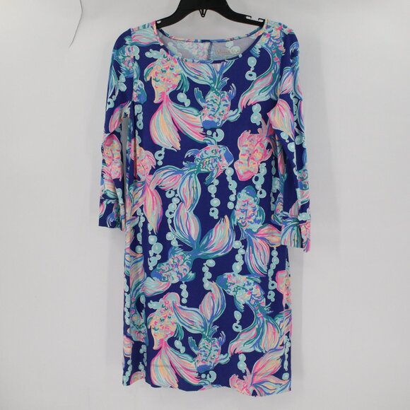 Lilly Pulitzer Marlowe Dress Womens Small Going Coastal True Blue Fish Boatneck - Picture 1 of 10